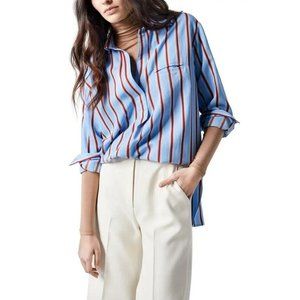 SMYTHE L Striped Split Neck Shirt in French Blue Burgundy $395US